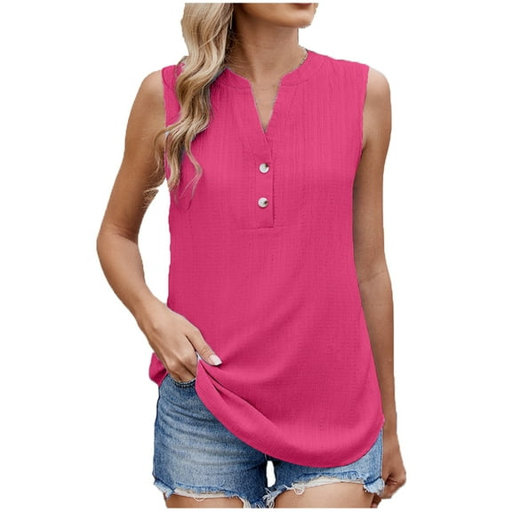 Uaswgudfs Womens Sleeveless Vest Summer V Neck Lightweight Casual Button Front Loose Fit Knit Pullover Polo Tank Top