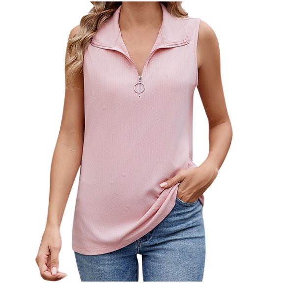 Uaswgudfs Womens Sleeveless Vest Summer V Neck Lightweight Casual Button Front Loose Fit Knit Zipper Polo Tank Top