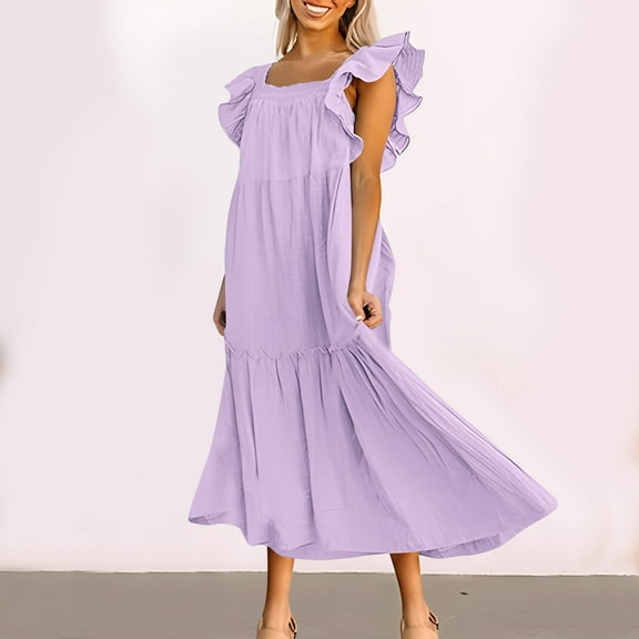 Uaswgudfs Womens Square Neck Sleeveless Midi Dress: Flowy Tiered Skirt & Ruffle Shoulder Accents - Casual Summer Essential Purple L