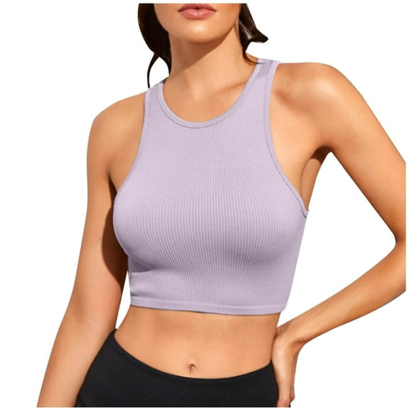 Uaswgudfs Womens Stretch cotton Short Tops Crew Neck Racerback Tanks Sleeveless Casual Jogging Workout Crop Shirts
