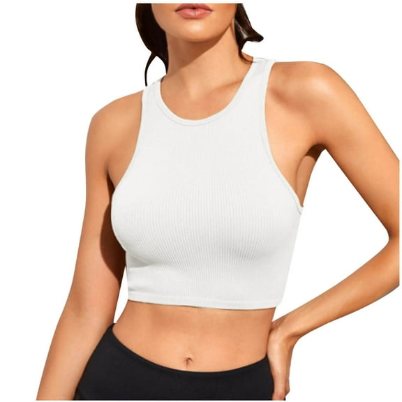 Uaswgudfs Womens Stretch cotton Short Tops Crew Neck Racerback Tanks Sleeveless Casual Jogging Workout Crop Shirts