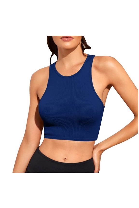 Womens Stretch cotton Short Tops Crew Neck Racerback Tanks Sleeveless Casual Jogging Workout Crop Shirts