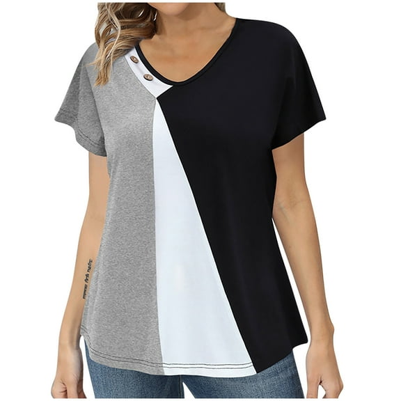 Uaswgudfs Womens Summer Blouses Loose Fit Basic V Neck Color Block Short Sleeve Tops - Casual Office Wear Tunic Shirts