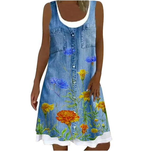 Uaswgudfs Womens Summer Denim Dresses Sleeveless Crewneck Button Down Tank Sundress Solid/Floral Print Jean Dress