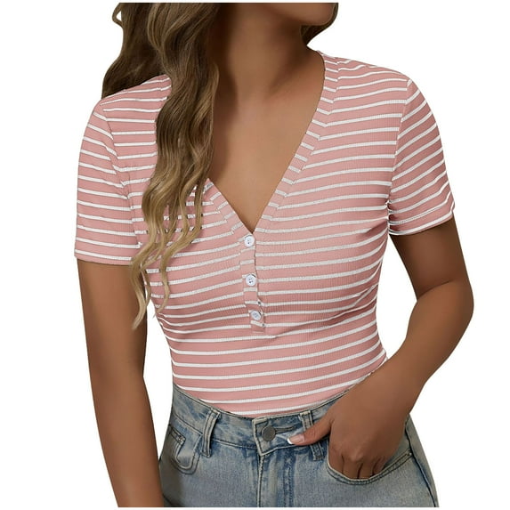 Uaswgudfs Womens Summer Tops Casual Short Sleeve Striped Color Block Ribbed Knit Button Down V Neck Shirts Slim Fitted Henley Tops