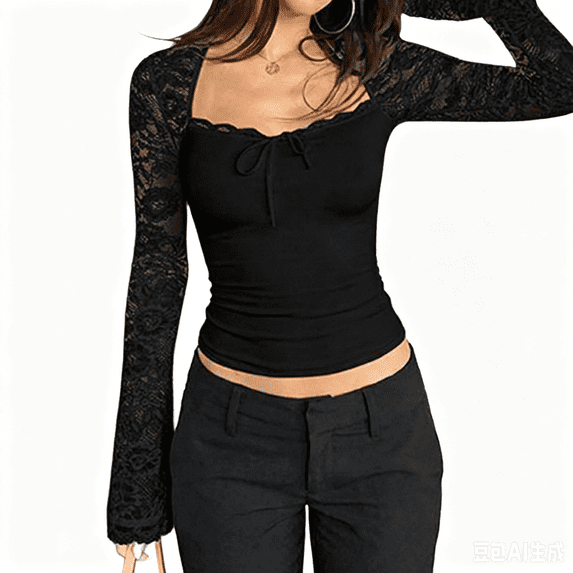 Uaswgudfs Womens Summer Tops Lace Long Sleeve Top Square Neck 2-in-1 Slim Fit Blouse