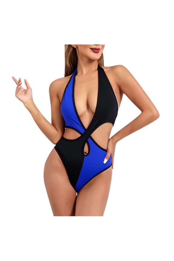 Womens Swimwear Stylish One-Piece Swimsuit with Plunging V-Neck and Side Cutouts for a Bold Pool or Beach Statement Dark Blue XL