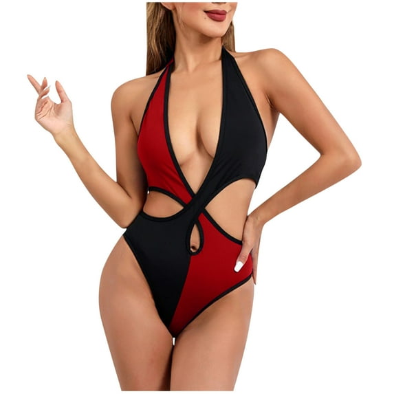 Uaswgudfs Womens Swimwear Stylish One-Piece Swimsuit with Plunging V-Neck and Side Cutouts for a Bold Pool or Beach Statement Red XL