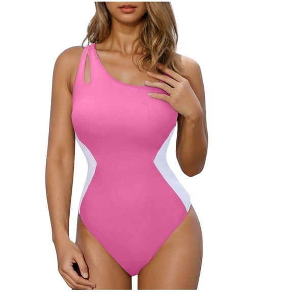 Uaswgudfs Womens Swimwear Stylish One-Shoulder Swimsuit with Side Panel Design and Cutout Accents for a Modern Pool or Beach Style Pink L