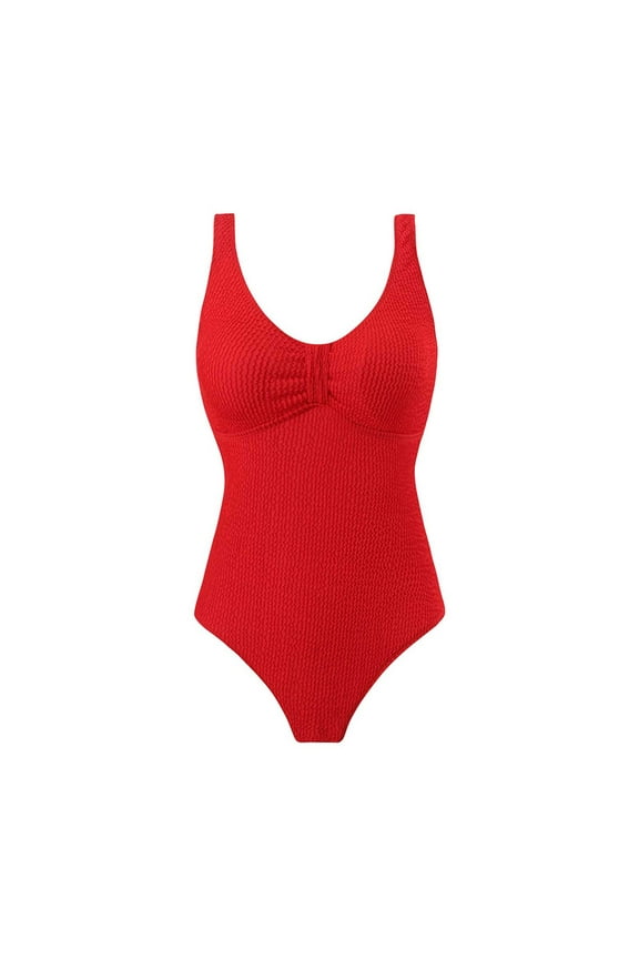 Womens Swimwear Trendy One-Piece Swimsuit with Plunging V-Neckline and Waist-Cinching Design for a Flattering Pool or Beach Look Red S