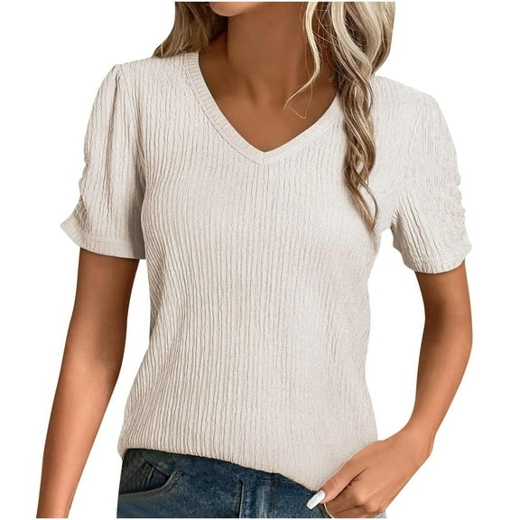 Uaswgudfs Womens T Shirts Knitted blend V-Neck Leisure and Comfort Short Sleeve Loose Fit Shirts Casual Solid Basic Tops