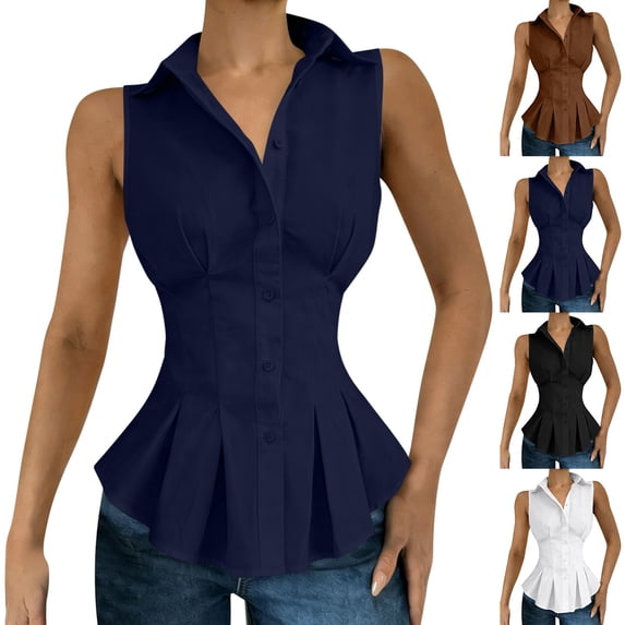 Uaswgudfs Womens Tank Tops Collared Sleeveless Peplum Tops, Button Down Fitted Waist Blouses Solid Pleated Hem Shirts