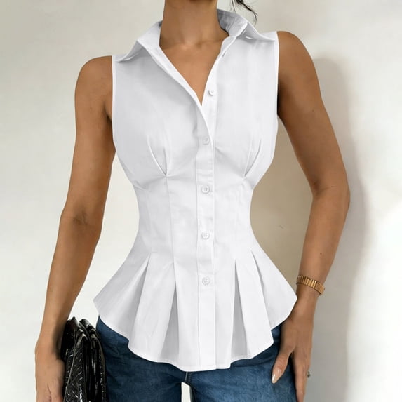 Uaswgudfs Womens Tank Tops Collared Sleeveless Peplum Tops, Button Down Fitted Waist Blouses Solid Pleated Hem Shirts