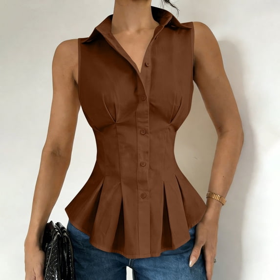 Uaswgudfs Womens Tank Tops Collared Sleeveless Peplum Tops, Button Down Fitted Waist Blouses Solid Pleated Hem Shirts