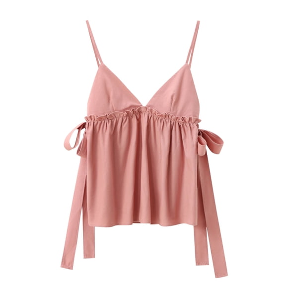 Uaswgudfs ​Womens Tank Tops Slim Fit Camisole: Spaghetti Strap V-Neck, Adjustable Side Ties Ruffled Hem Summer Essential & Breathable Layering Top Pink M