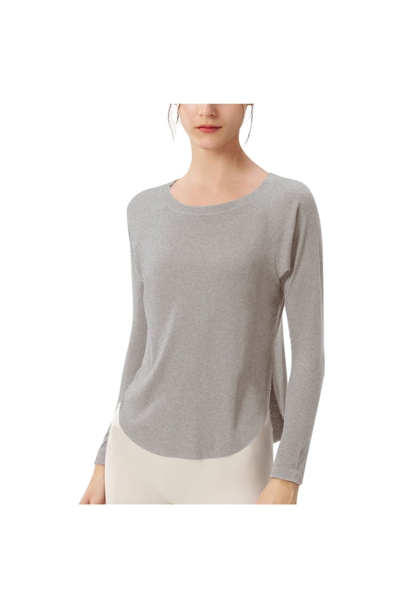Womens Tops Casual Long Sleeve Round Neck Top with Fitted Sleeves, Soft Textured Fabric Relaxed Tailored Silhouette Slightly Curved Hem Comfort