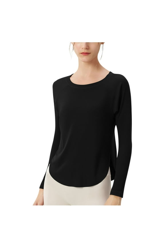 ​Womens Tops Casual Long Sleeve Round Neck Top with Fitted Sleeves, Soft Textured Fabric Relaxed Tailored Silhouette Slightly Curved Hem Comfort