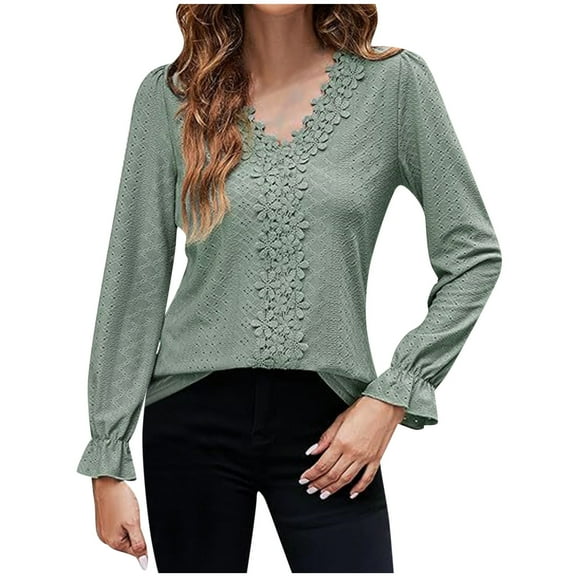 Uaswgudfs Womens Tops V Neck Long Sleeve Shirts for Women Fall Fashion Eyelet Tunics Casual Green Blouses XL