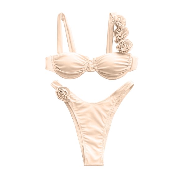 Uaswgudfs Womens Tow-Piece Swimsuits with Ruched Floral Top and Low-Rise Bottoms for Enhanced Coverage Swimwear White L