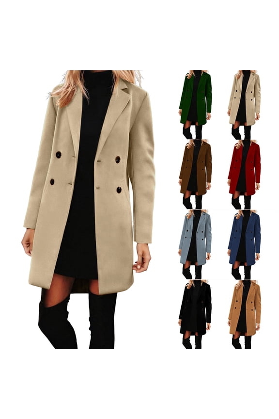 Womens Winter Double Breasted Pea Coats Long Trench Coat Casual Work Office Overcoat with Pocket Brown L