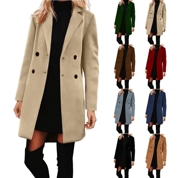 Uaswgudfs Womens Winter Double Breasted Pea Coats Long Trench Coat Casual Work Office Overcoat with Pocket Brown L