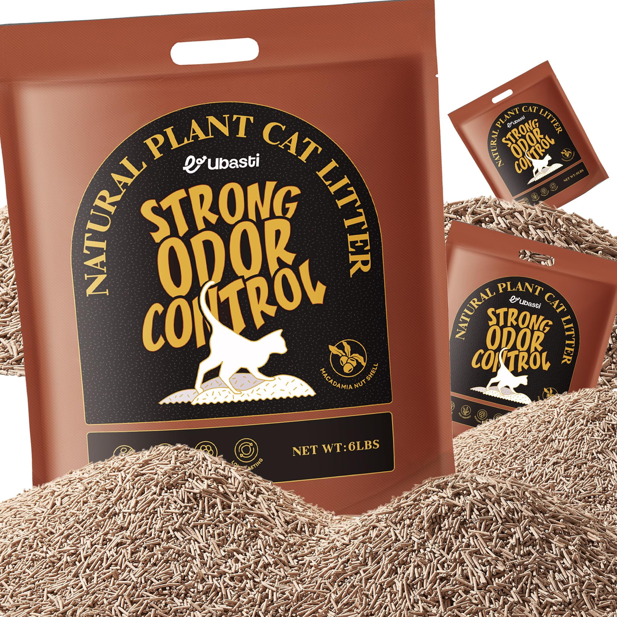 Ubasti Tofu Cat Litter 18lb - Strong Odor Control Pellets Enhanced with Macadamia Nut Shell, 100% Natural & Biodegradable, Dust-Free, Unscented - 3 Pack of 6 lbs C80