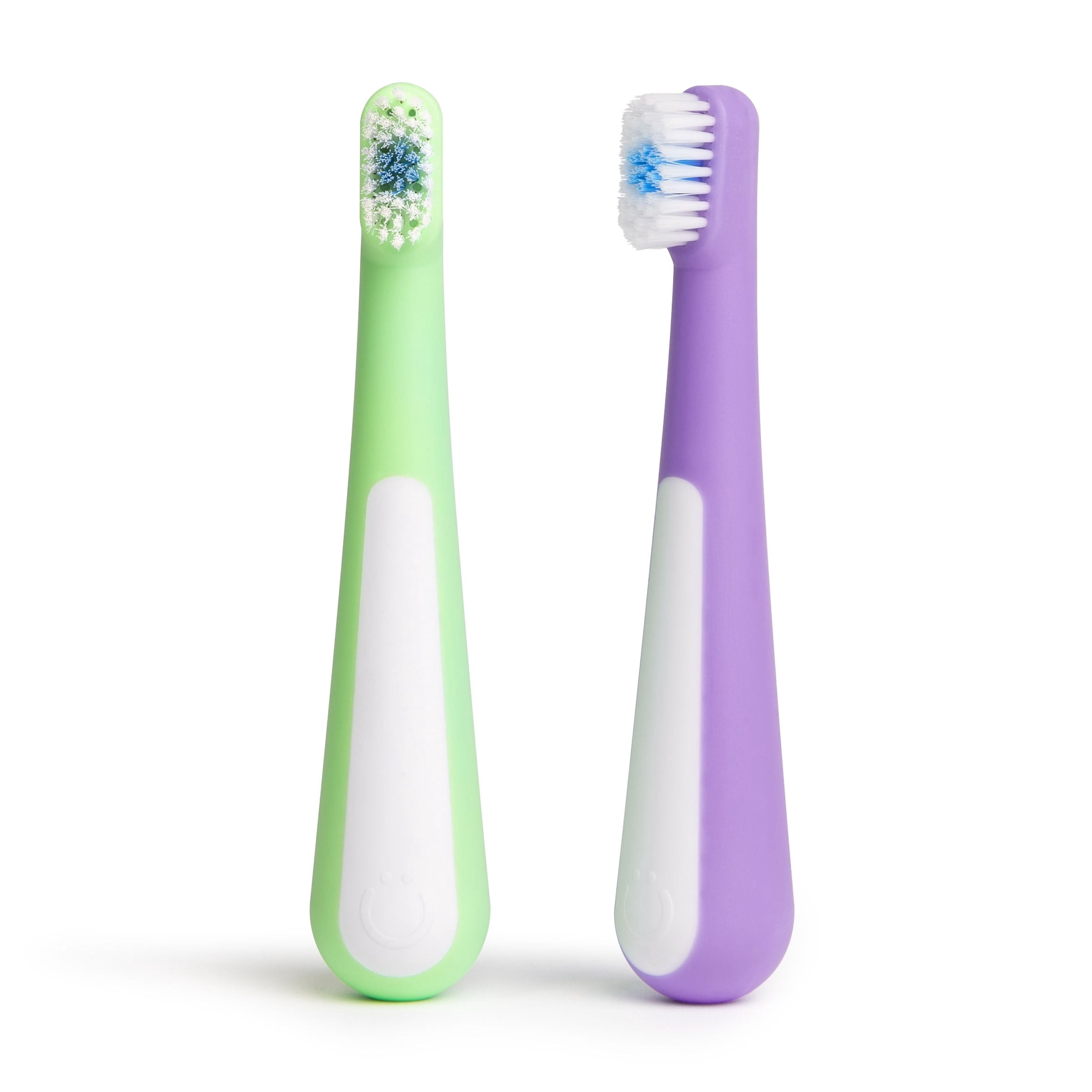 Ubbi Toddler Training Toothbrush Set, Soft Bristled & Gentle Manual Toothbrushes for Baby, Smoothie Purple & Zest Green