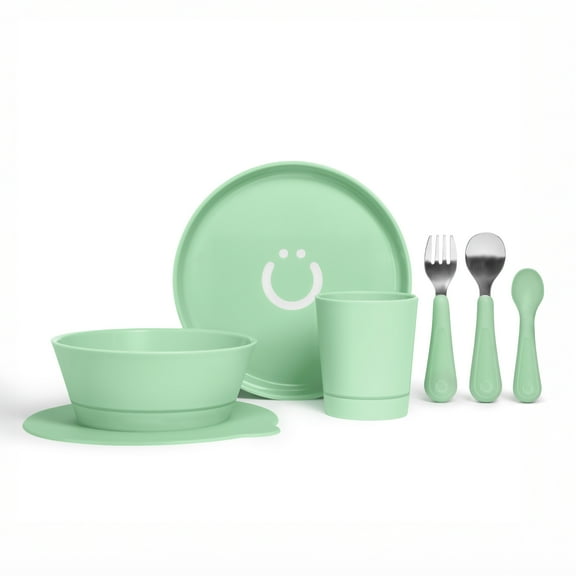Ubbi 7-Piece Toddler Feeding Set, Includes Plate, Bowl, Cup, Utensils, Interchangeable Suction Cup Base, Sugar Snap Green