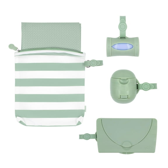 Ubbi On-The-Go Diapering Gift Set, Includes Changing Mat and Bag, Wipes Dispenser, Pacifier Holder and Bag Dispenser, Newborn Essentials, Sage