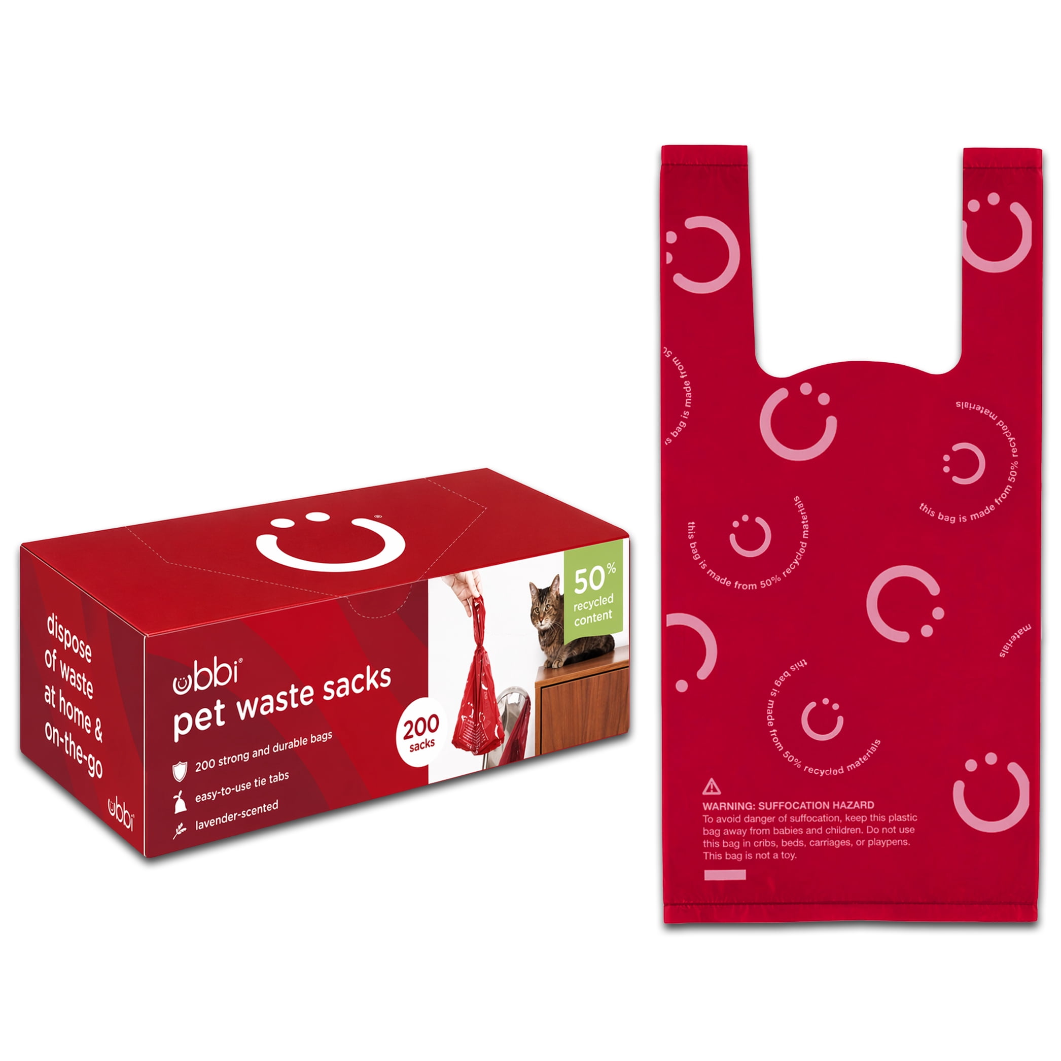 Ubbi Pet Waste Sacks, Lavender Scented Cat Litter Disposal Bags, Leak Proof and Easy Tie, 200 Count