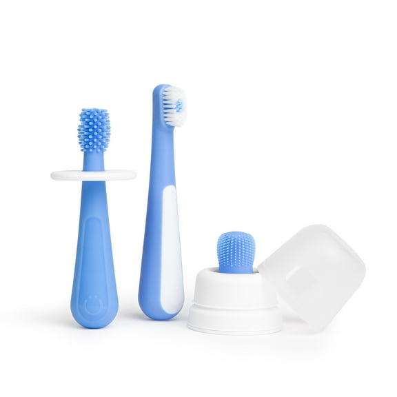 Ubbi 3 pcs Toothbrush Training Set for Babies and Toddlers, Includes Silicone Finger Brush, 360° and Soft Bristled Toothbrush, Polaris Blue