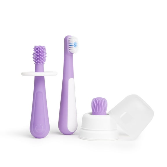 Ubbi 3 pcs Toothbrush Training Set for Babies and Toddlers, Includes Silicone Finger Brush, 360 and Soft Bristled Toothbrush, Smoothie Purple