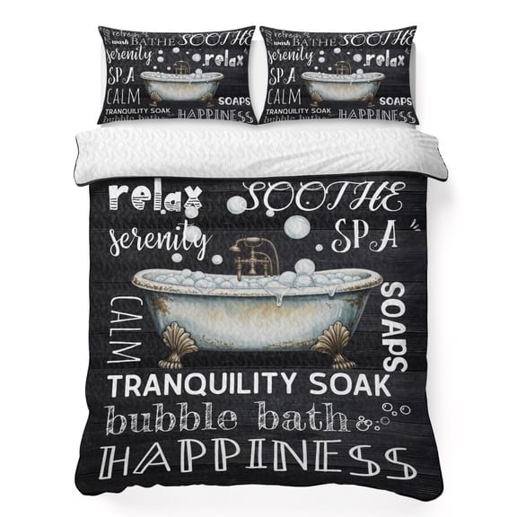 Ubble Bath Full Quilt Bedding Set, Relax SPA Wash Bathtub Vintage Black Wood Grain Lightweight Comforter with 2 Pillow Shams Bedroom Bedspread Set Home Decor for All Seasons