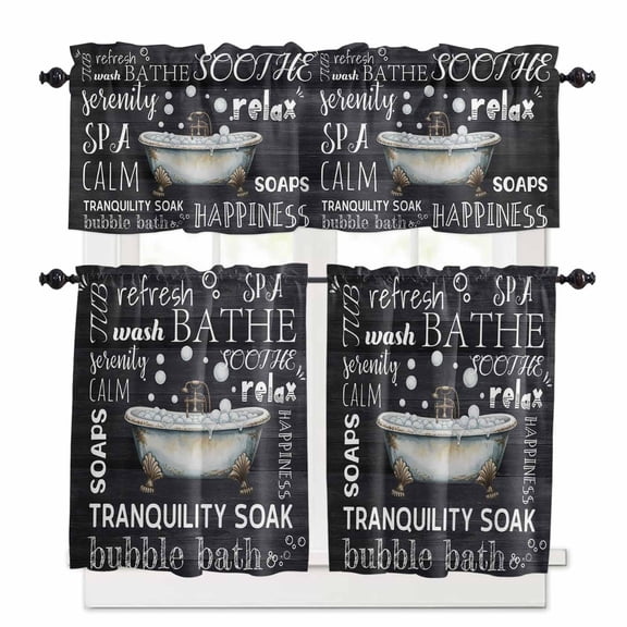 Ubble Bath Kitchen Curtains Valance and Tier Set Relax SPA Wash Bathtub Vintage Black Wood Grain Short Curtains for Small Window 3 Pieces Set for Bedroom Bathroom Cafe (54" x 18"+27" x 36")