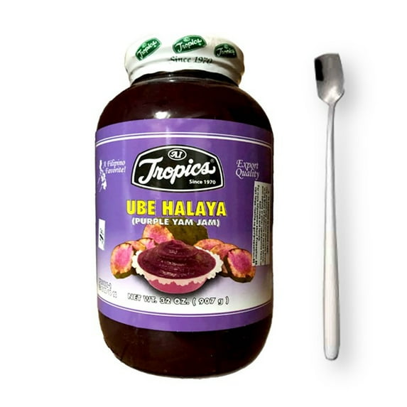 Ube Halaya Purple Yam Jam by Tropics 32 oz. with 1 Bonus Mini Stainless Steel Stirring Spoon (2-Piece Set)