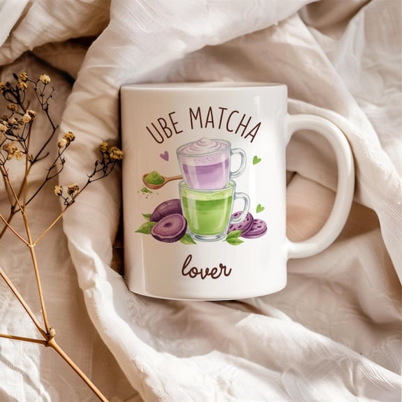 Ube Matcha Mug, Bubble Tea Lover Gift, Purple Yam Latte, Green Tea Cup, Asian Drink Art, fe Aesthetic, Kawa Foodie Gift.
