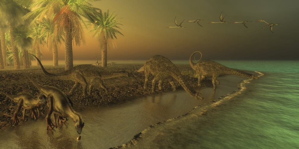 Uberabatitan dinosaurs share a Cretaceous seashore with two Hypsilophodon Canvas Art - Corey FordStocktrek Images (20 x 10)