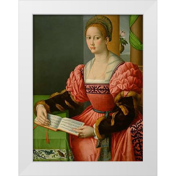 Ubertini, Francesco 12x14 White Modern Wood Framed Museum Art Print Titled - Portrait of a Woman with a Book of Music