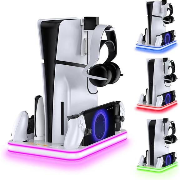 Uberwith PS Portal Charger Stand and Cooling Station with RGB LED Controller Charging Dock Accessories for PS5 Pro/Slim Console and PS Portal Charger, Headset and Remote Holders - White