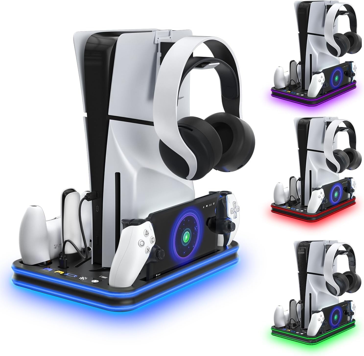 Uberwith for PlayStation Portal Charger, for PS5 Stand and Cooling Station with RGB LED Controller Charging Dock Accessories, for PS5 Edge Controller and PS Portal Charger, Headset and Remote Holders