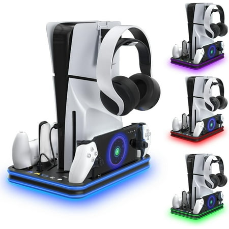 Uberwith for PlayStation Portal Charger, for PS5 Stand and Cooling Station with RGB LED Controller Charging Dock Accessories, for PS5 Edge Controller and PS Portal Charger, Headset and Remote Holders