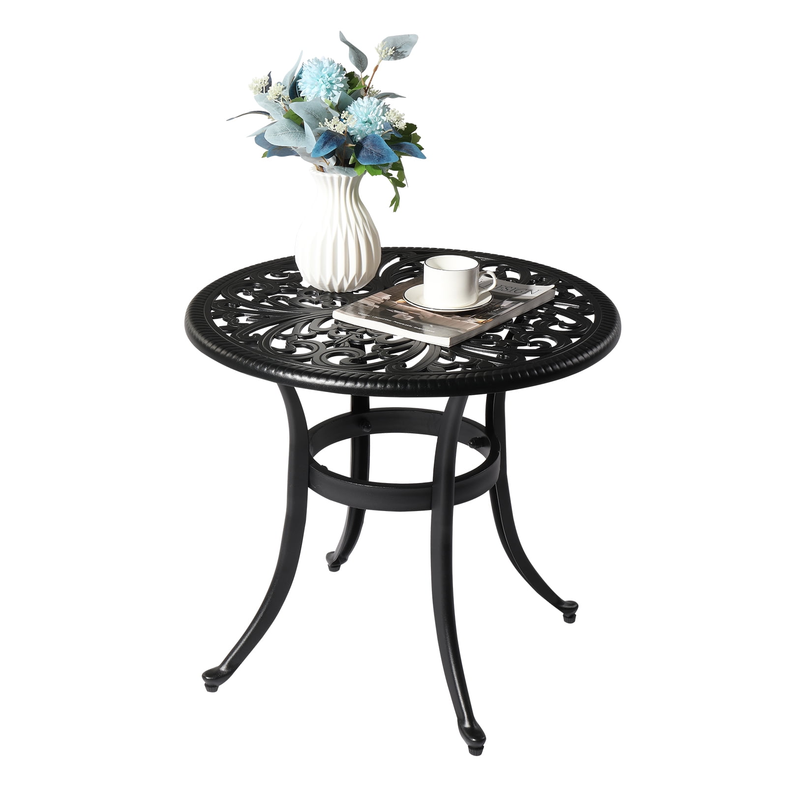 UbesGoo Small Outdoor 23.6 in Cast Aluminum Bistro Table, Round Patio Breakfast Table, Black