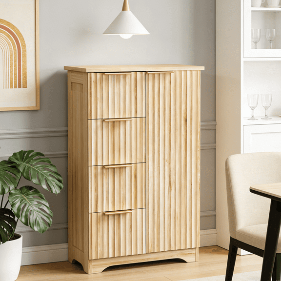 UbesGoo Modern Storage Pantry Cupboard, Fluted Kitchen Pantry Sideboard Buffet with 4 Drawers & Door, Multifunction Storage Cabinet, Oak