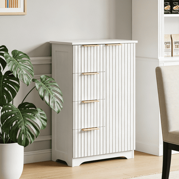 UbesGoo Modern Storage Pantry Cupboard, Fluted Kitchen Pantry Sideboard Buffet with 4 Drawers & Door, Multifunction Storage Cabinet, White