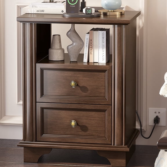 UbesGoo Nightstand Wood End Table with Charing Station and 2 Drawers, Brown