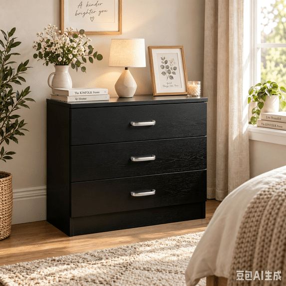 Ubesgoo 3 Drawer Dresser, Modern Storage Chest with Spacious Drawers, Black Bedroom Dresser Organizer Cabinet for Bedroom, Living Room and Home Office