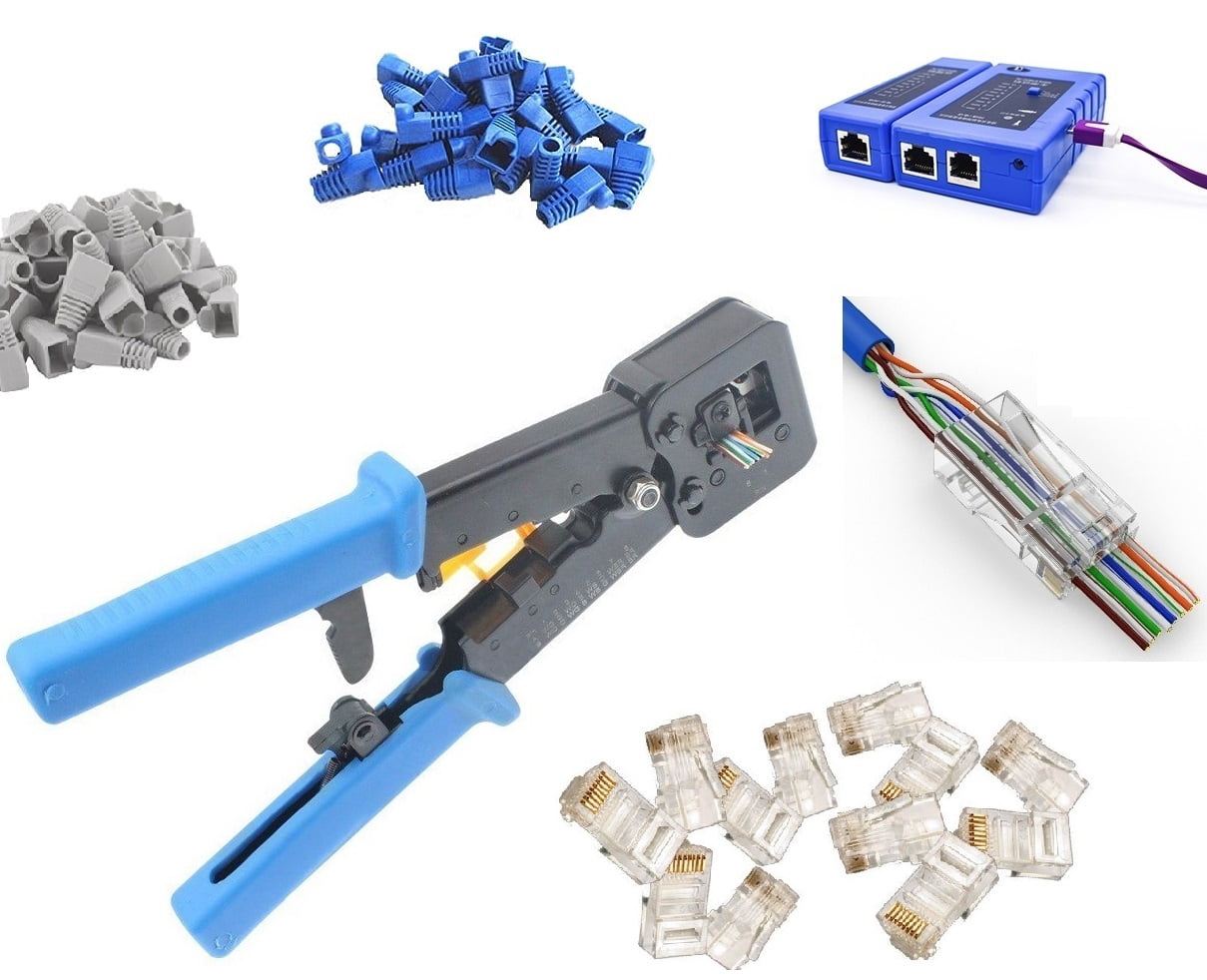 UbiGear Professional Pass-Through Network Tool Kits Network/Phone Cable Tester + RJ11/RJ12/RJ45 Crimp Crimper +50 RJ45 CAT5e Pass-through Connector Plugs Boots Network Tool Kits
