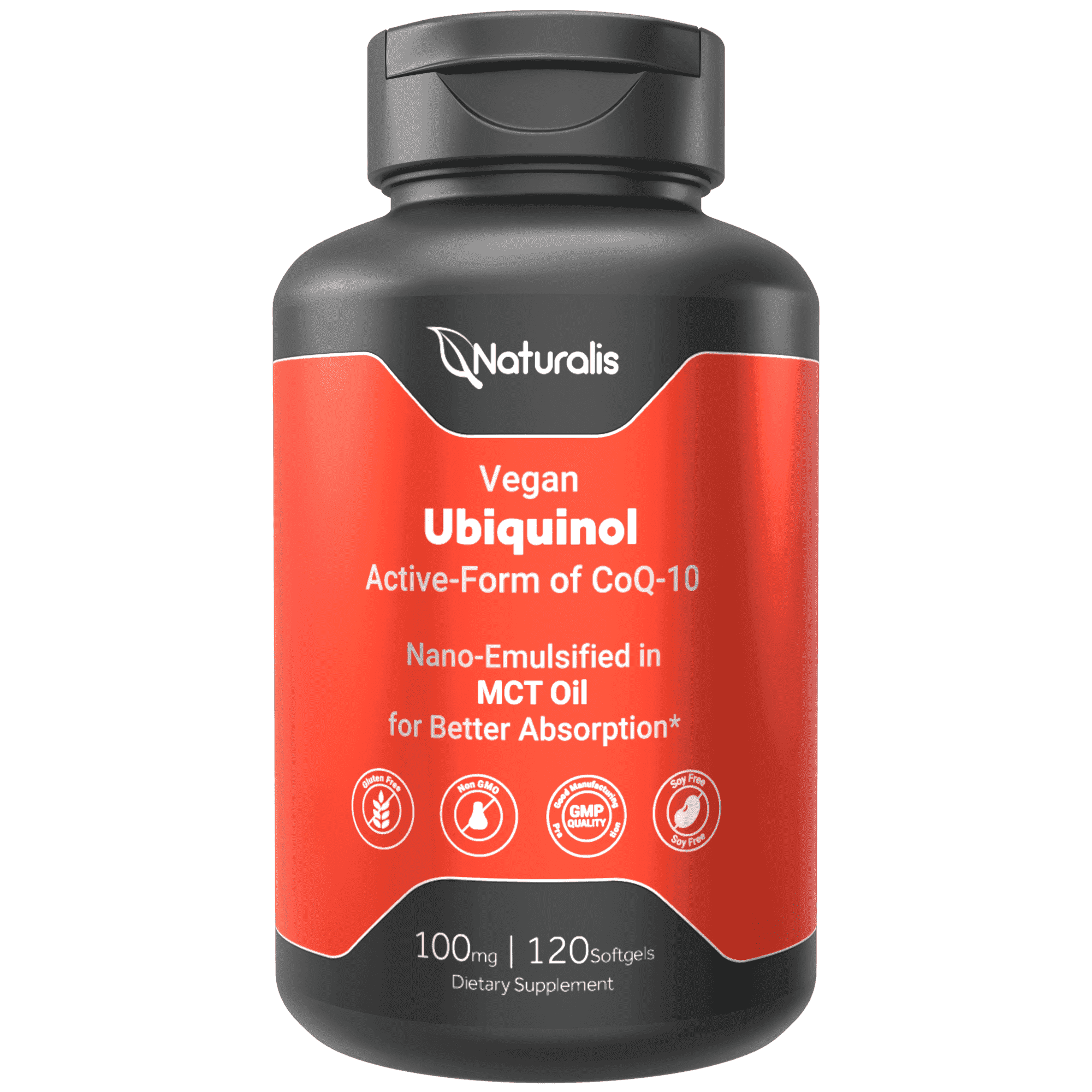 Naturalis Ubiquinol 100mg Active CoQ-10 Emulsified in MCT Oil for Better Absorption | Gluten Free, Non-GMO & Soy-Free | Cardiovascular Wellness, Antioxidant Protection, and Healthy Skin*| 120 Softgel