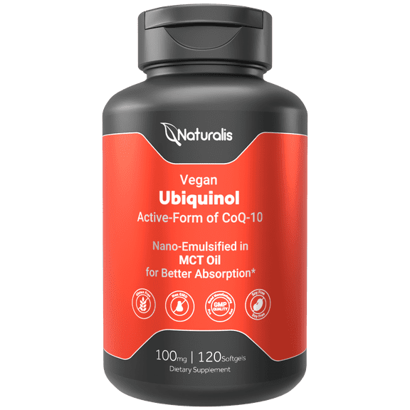 Naturalis Ubiquinol 100mg Active CoQ-10 Emulsified in MCT Oil for Better Absorption | Gluten Free, Non-GMO & Soy-Free | Cardiovascular Wellness, Antioxidant Protection, and Healthy Skin*| 120 Softgel