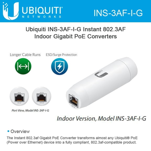 Ubiquiti INS-3AF-I-G Instant 802.3af Indoor Gigabit Transforms PoE Converters